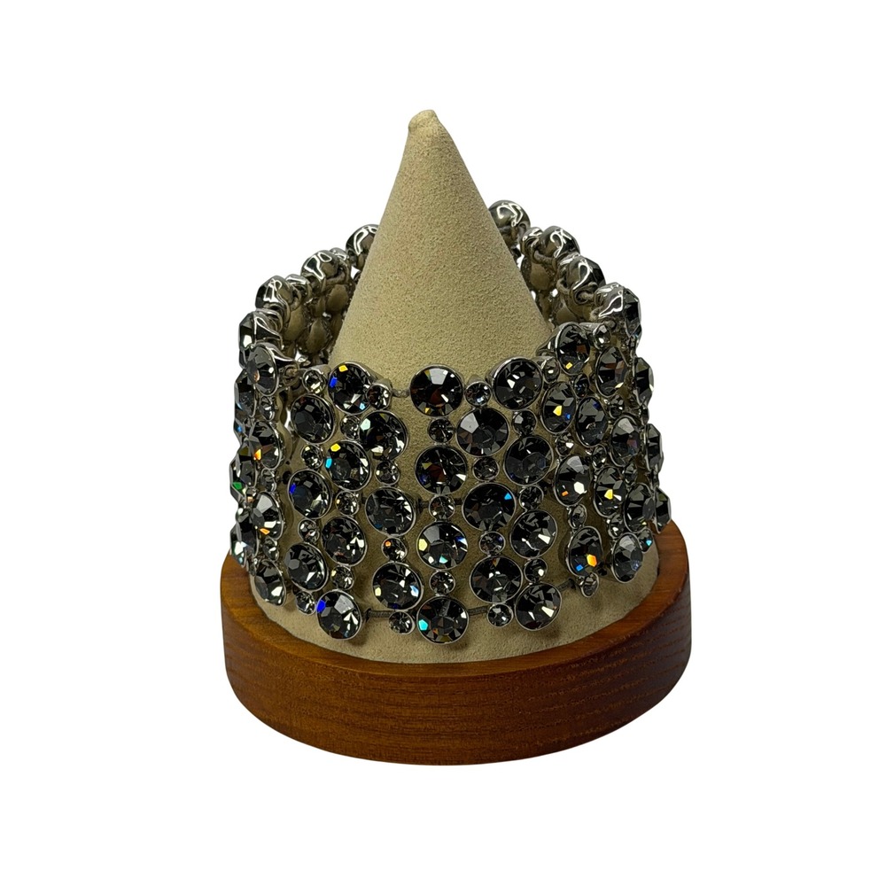 Smoke Gray Crystal Wide‎ Stretch Cuff Statement Bracelet Silver Tone Rhinestone - Picture 2 of 5